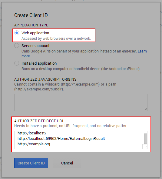 Create new Client ID for web application